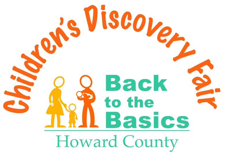 Text in orange: Children's Discover Fair arches above basic line drawings of a family of two adults and two children. In light green: Back to the Basics, a fine line and under it Howard County.