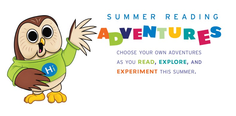 Booker, owl mascot in green sweater, with blocky colorful letters: Summer Reading Adventures. Choose your own adventures as you read, explore, and experiment this summer.
