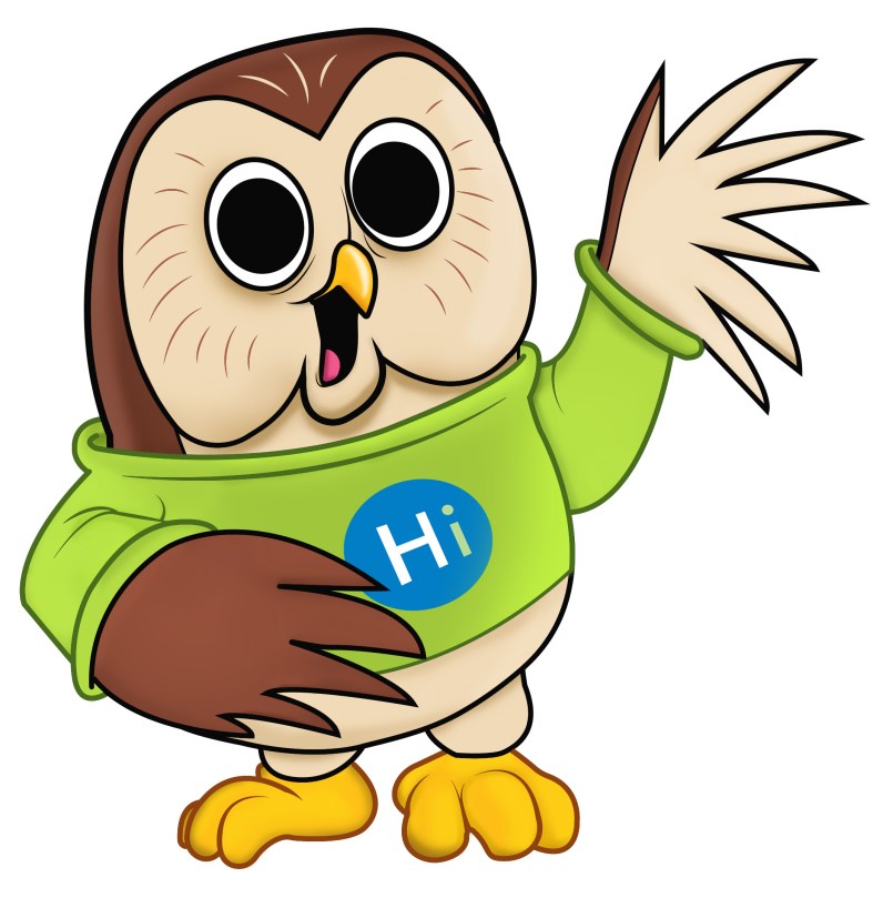 Library mascot: Booker is a small brown owl with large eyes, wearing a lime green sweatshirt with the Hi button.