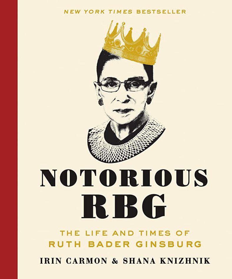 A black and white portrait of Supreme Court Justice Ruth Bader Ginsburg, wearing her dissent color and sporting a golden crown.