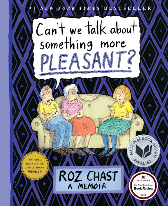 Against a backdrop of a black and puple diamond pattern, an illustration shows three people sitting on an sofa. Two elderly people next to a younger person. The text bubble reads, "Can't we talk about something more PLEASANT?"