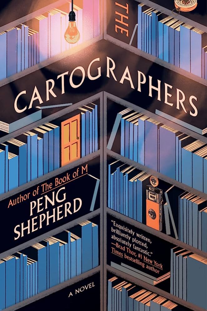 Image looks like a corner of two book cases. Shelves are lines with book books, an old fashioned camera, and a door. A bare lightbulb illuminated the title, which bends into the corner.