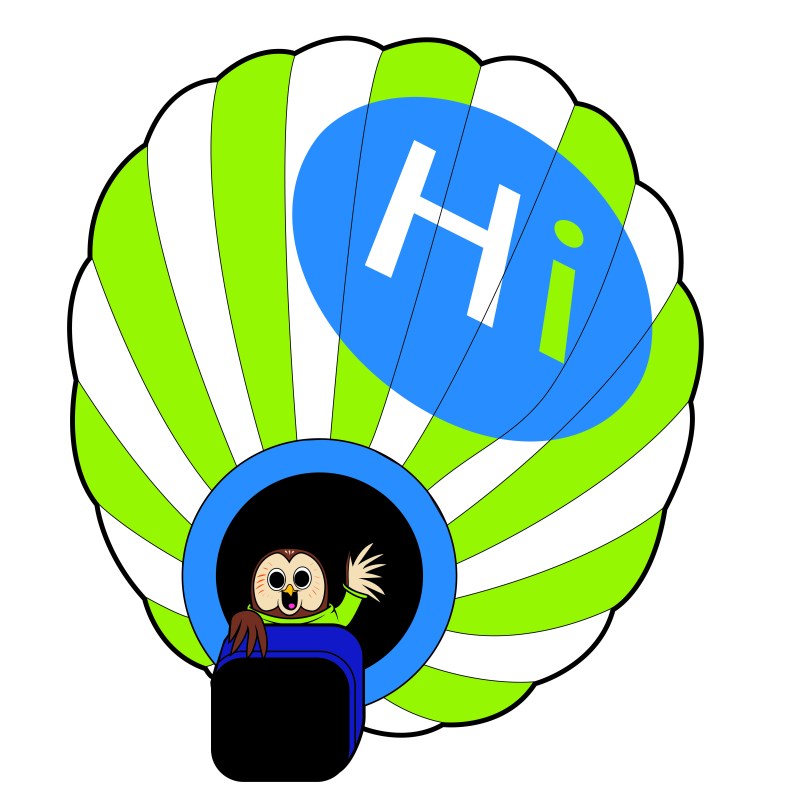 Booker owl in a hot air balloon, which is striped white and green with the Hi circle in blue.