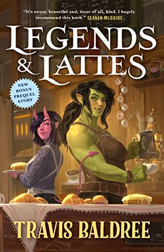 An illustration shows two female fantasy creatures making coffee, with a counter full of pastries in front.