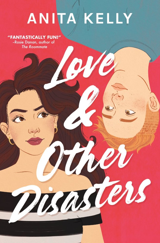A bright red cover shows illustrations of two people laying with their heads next to each other, up and down. One has long dark hair and a striped shirt, and the other has short ginger hair and a blue shirt.