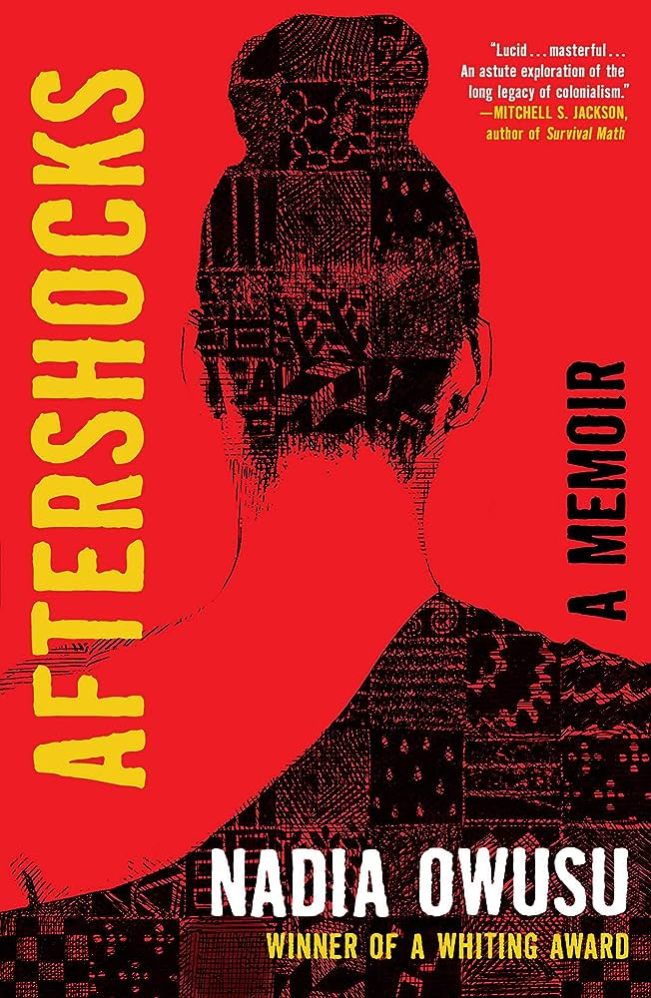 Red cover shows the silhouetted back of a woman with her hair up, her shirt and hair are covered in squares of textures and patterns.