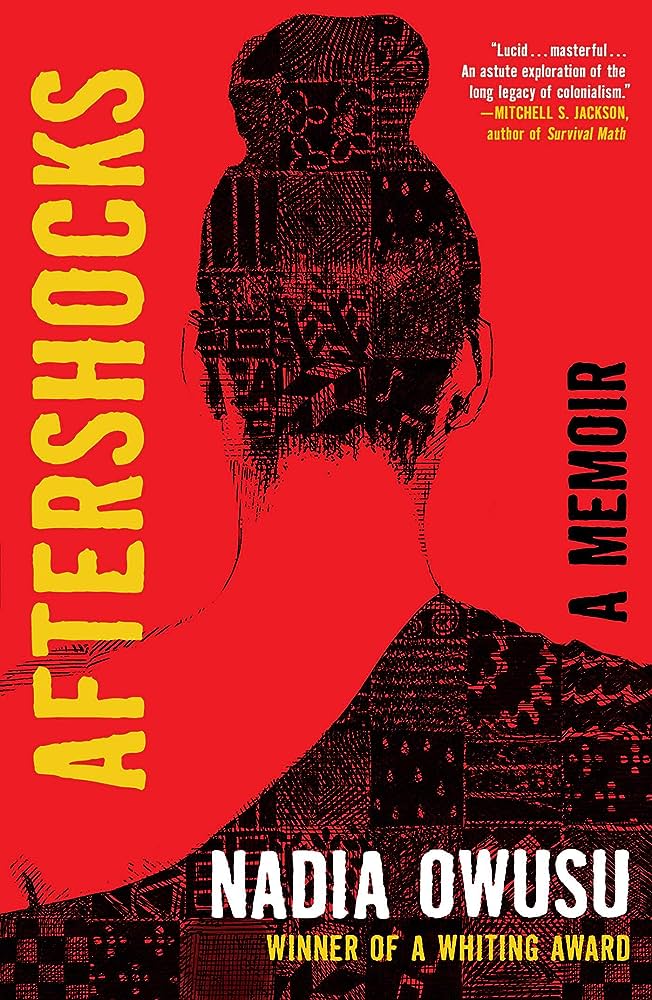 Red cover shows the silhouetted back of a woman with her hair up, her shirt and hair are covered in squares of textures and patterns.