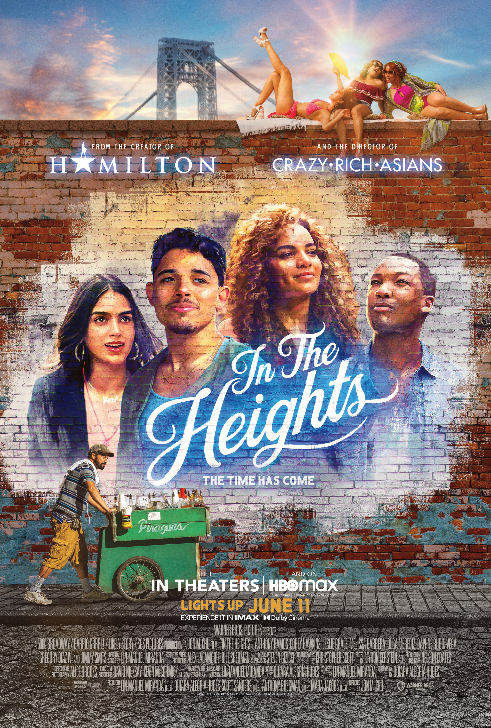 Movie poster of In the Heights, with main characters featured on a brick wall mural, the Brooklyn Bridge in the background, and a shaved ice hand cart in the front.