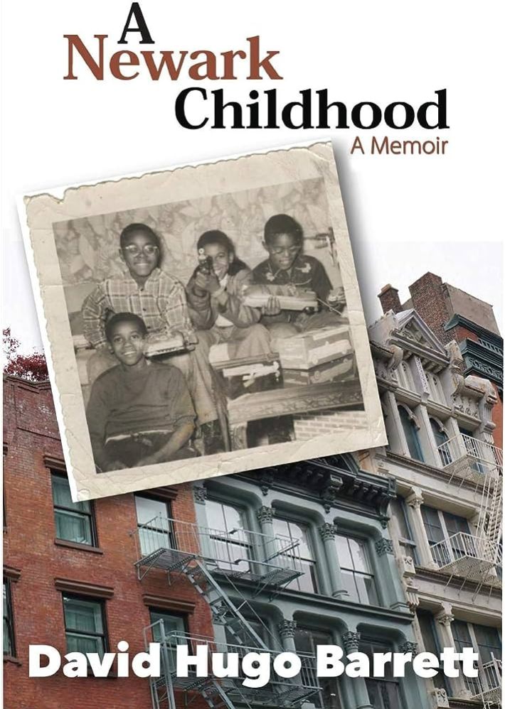 A black and white family photo showing four African American boys sits atop an image of fire escapes on row houses.