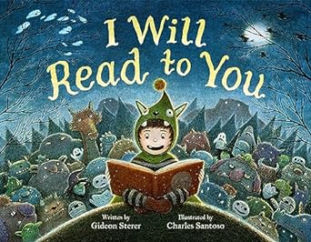 The book cover depicts a child in a monster costume, seated cross-legged and reading a book cloud to a large group of varied monsters, mummies, witches, ghosts and dragons who are arrayed behind. Branches with a few leaves and the moon are above in a night sky.