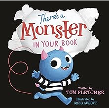 The book cover depicts a blue monster with pink horns and four sharp teeth, wearing a black and white striped shirt and running with arms outstretched.