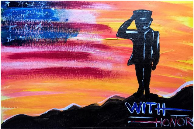 A painted illustration with a saluting soldier in silhouette against a sunset, with the suggestion of the American flag blending into the colors of the sky.