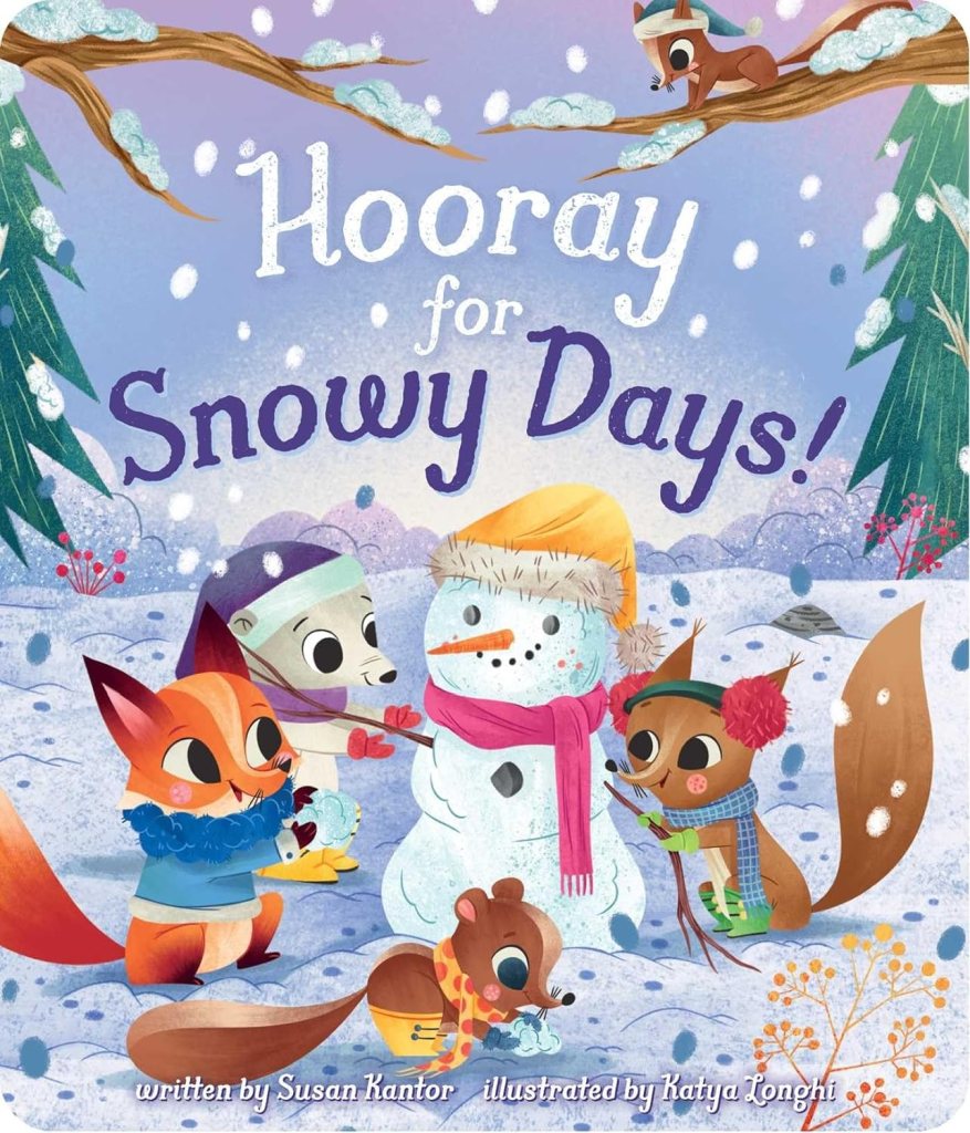 The book cover shows some cartoonish mammals with big eyes - a polar bear, a fox, a chipmunk, and a squirrel - surrounding a snowman against a snowy but sunny backdrop. Another chipmunk is scaling a tree limb above the gathering.