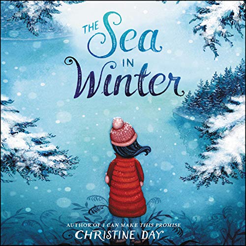 The cover depicts a child seated at the edge of a body of water, with snowy pine branches extending all around and raindrops falling into the blue-green water. The child wears a red duffle vest and a red bobble hat.