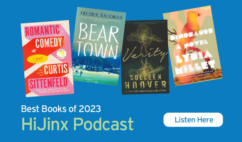 The photograph shows four book covers selected from the podcast list against a blue background.