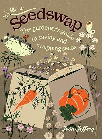 The book cover illustrates two cardboard containers of seeds, one decorated with a carrot and one decorated with a pumpkin, with seeds flying between them whimsically, as if the containers are "swapping" their seeds. Surrounding them are several flowers in shades of white, purple, and green, an orange ladybug resting on one of the flowers, and an orange and white butterfly on another flower.