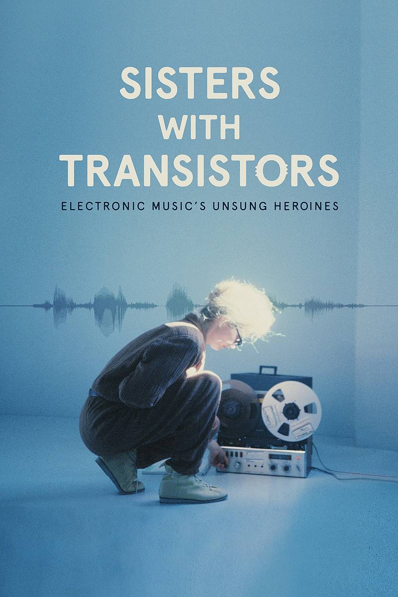 A woman squats in front of an old reel to reel recording device. Her hair appears white in a bright light and a sound wave rests behind her. The cover is a