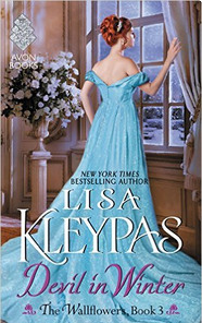 The book cover depicts a redheaded woman in a long, flowing light blue off-shoulder gown, with a vase of white flowers on a pillar behind her, gazing out a curtained window at a snowy outdoor scene.