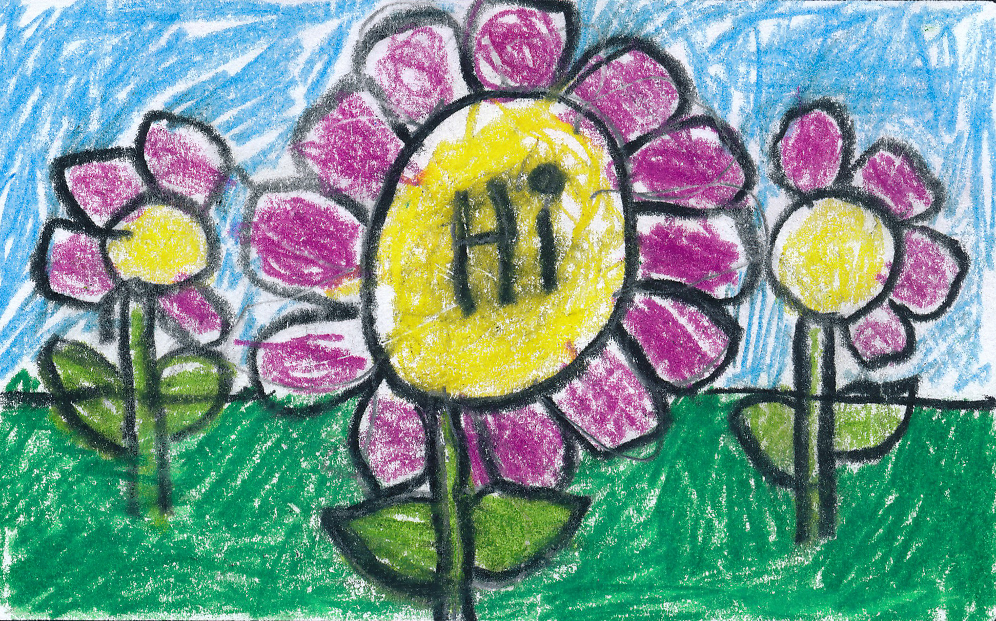 A child's drawing of three pink and yellow flowers, with green grass and a blue sky. The middle, large flower has "hi" in its center.