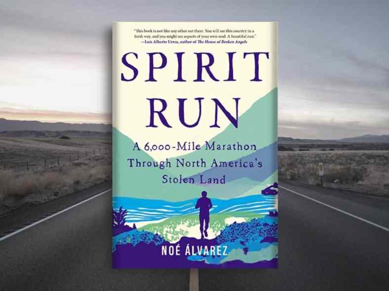 The book cover shows the silhouette of a person running, with illustrated hills, river, and scrub around them. The book cover is superimposed over an actual stretch of empty highway through wilderness.