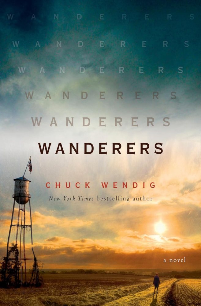 The book cover shows a person with their back to the camera walking down a dusty road in a barren landscape, with the sun peeking over clouds in the distance and an old, broken metal tower to the side, with weeds climbing up at the bottom and an American flag at the top.
