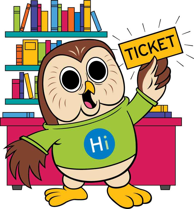 Booker stands in front of a desk and shelves of books holding a golden ticket.