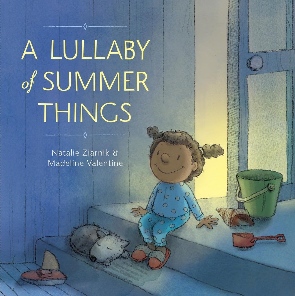 The book cover depicts a child and a sleeping dog sitting on steps with light coming through the door behind them; there is also a toy sailboat, a seashell, a green sand bucket, and a small reddish sand shovel.