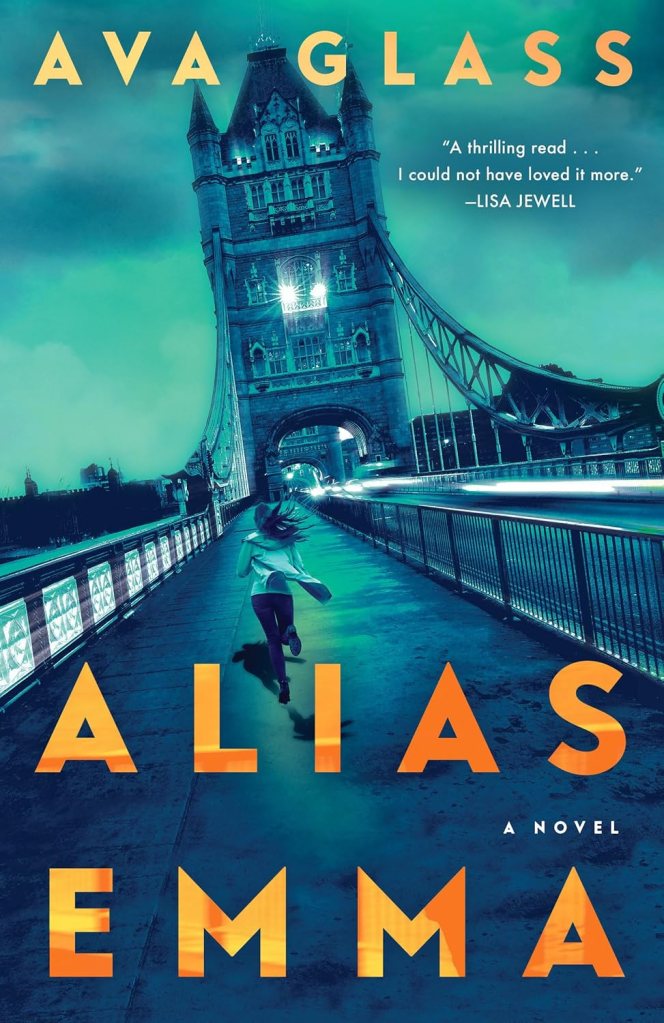 The book cover depicts a woman running across London Bridge at night, with her coat and long hair flying out behind her and several bright lights emanating from the bridge above her, shown against a cloudy, dark blue-green sky.