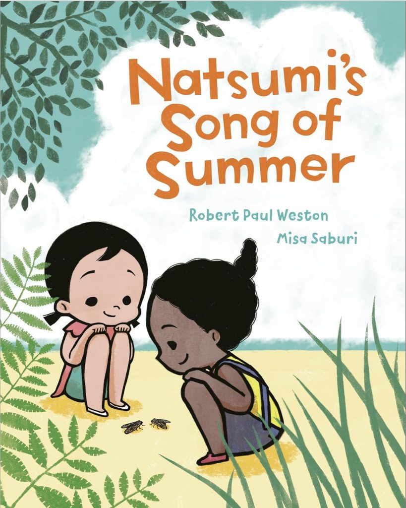 The book cover depicts two children crouched in the sand beneath a tree, looking at two winged insects that are sitting on the sand.