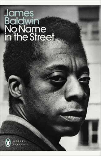 A black and white photo of James Baldwin, looking to the right. The author and title appear in fine type in the upper left corner.