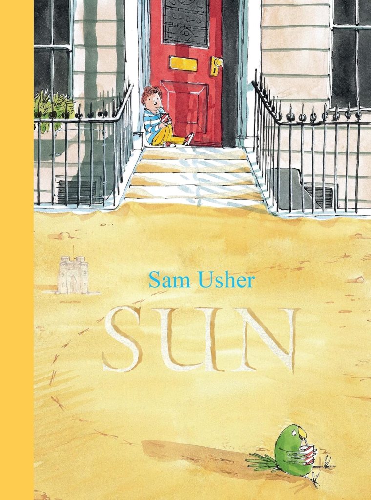 The book cover depicts a child sitting on the front steps of a house with an open red door, drinking something from a straw. A parrot-like bird is seated on the sidewalk in front with legs splayed, also drinking from a cup.