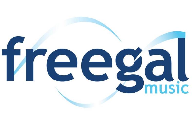 freegal music logo, with type in dark blue and a light blue wave moving through the letters.
