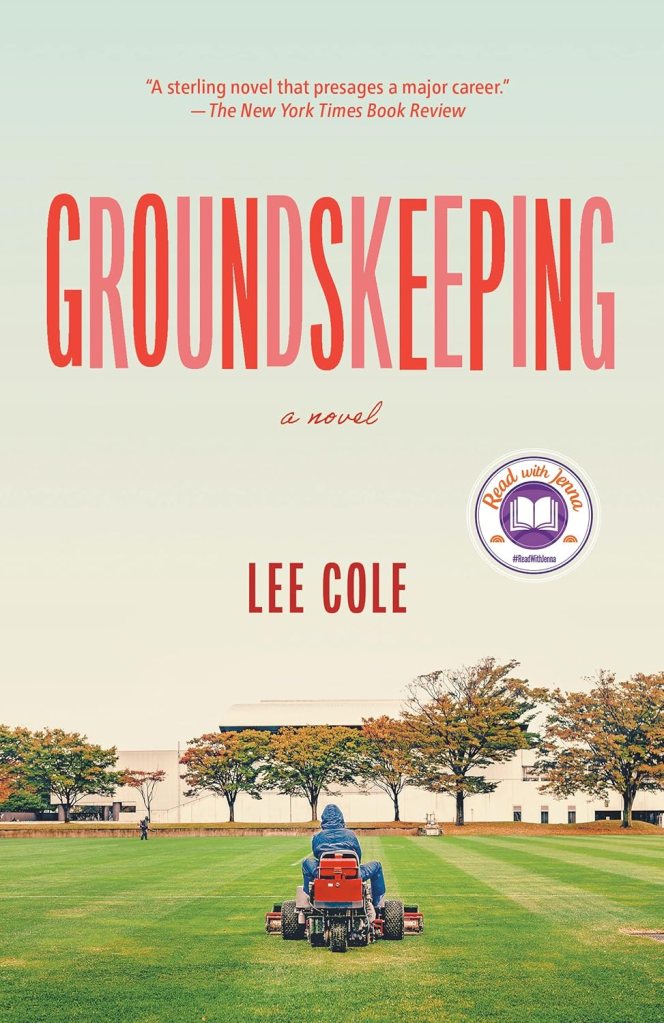 The book cover shows someone in blue jeans and a blue hoodie riding a red lawn mower across a vast expanse of lawn towards trees and a large building. The rider's back is to the viewer as if moving in the opposite direction.
