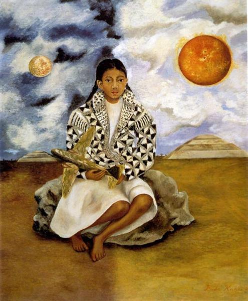 Girl from Tehuacan, Lucha Maria by Frida Kahlo, shows a woman sitting on a rock wrapped in a patterned shawl with the moon and the sun above her.
