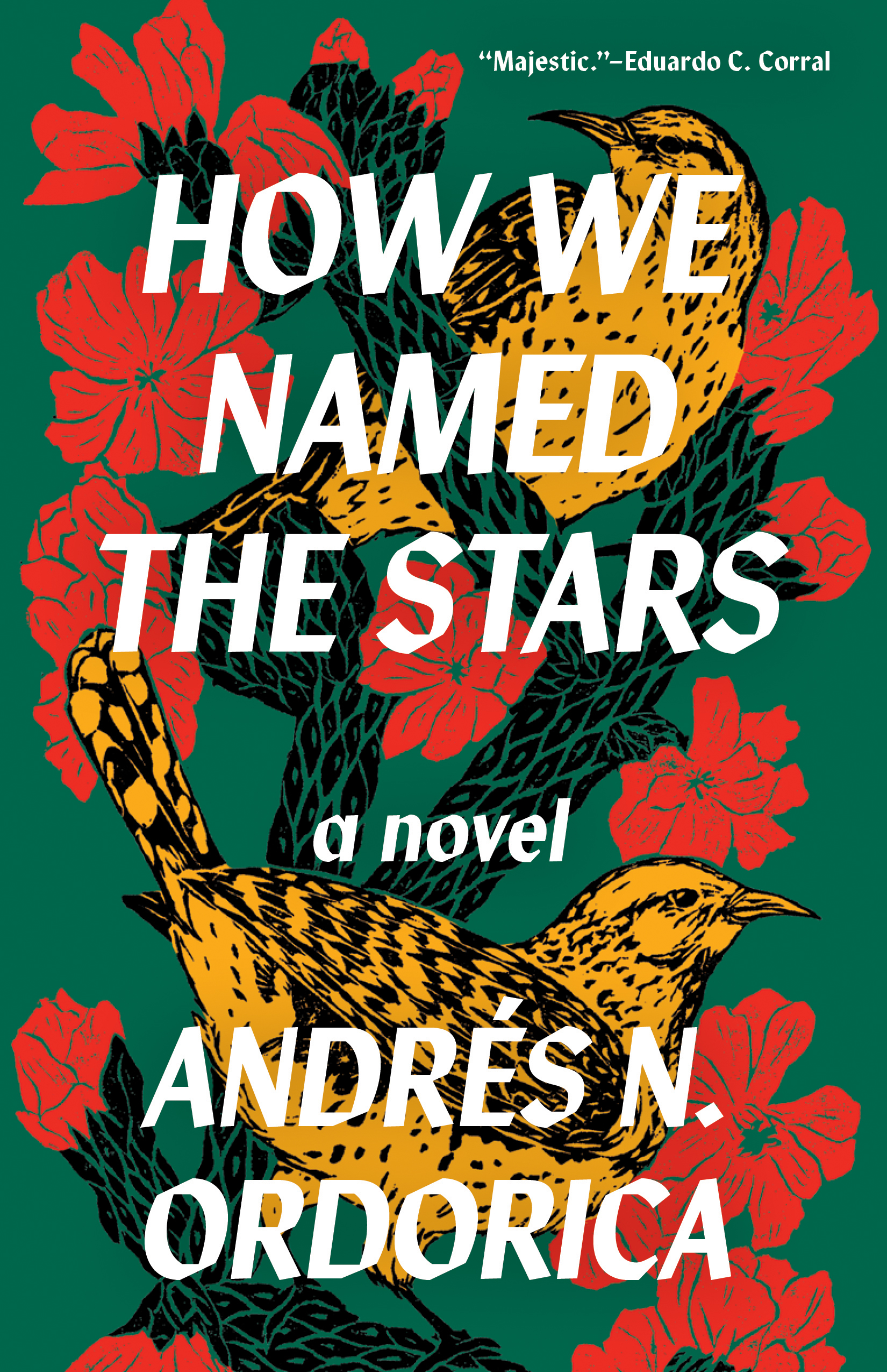 The green backgroup shows off bright red flowers and two yellow birds.