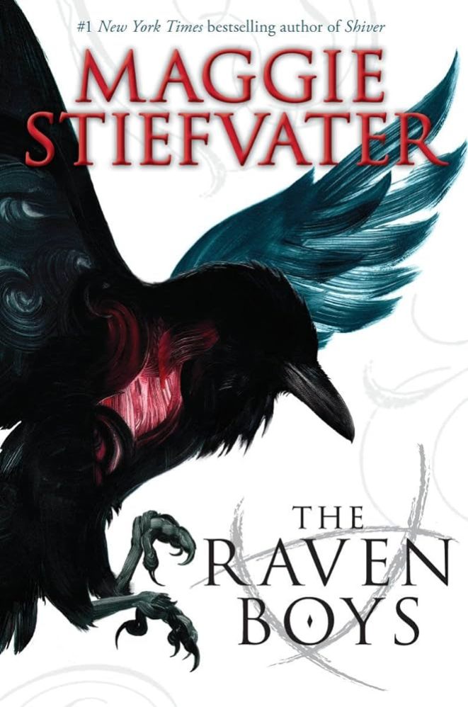 A large black bird, a raven, with wings spread takes up the left two thirds of the cover with painted swirls and red highlights. The title appears in the bottoom right corner.