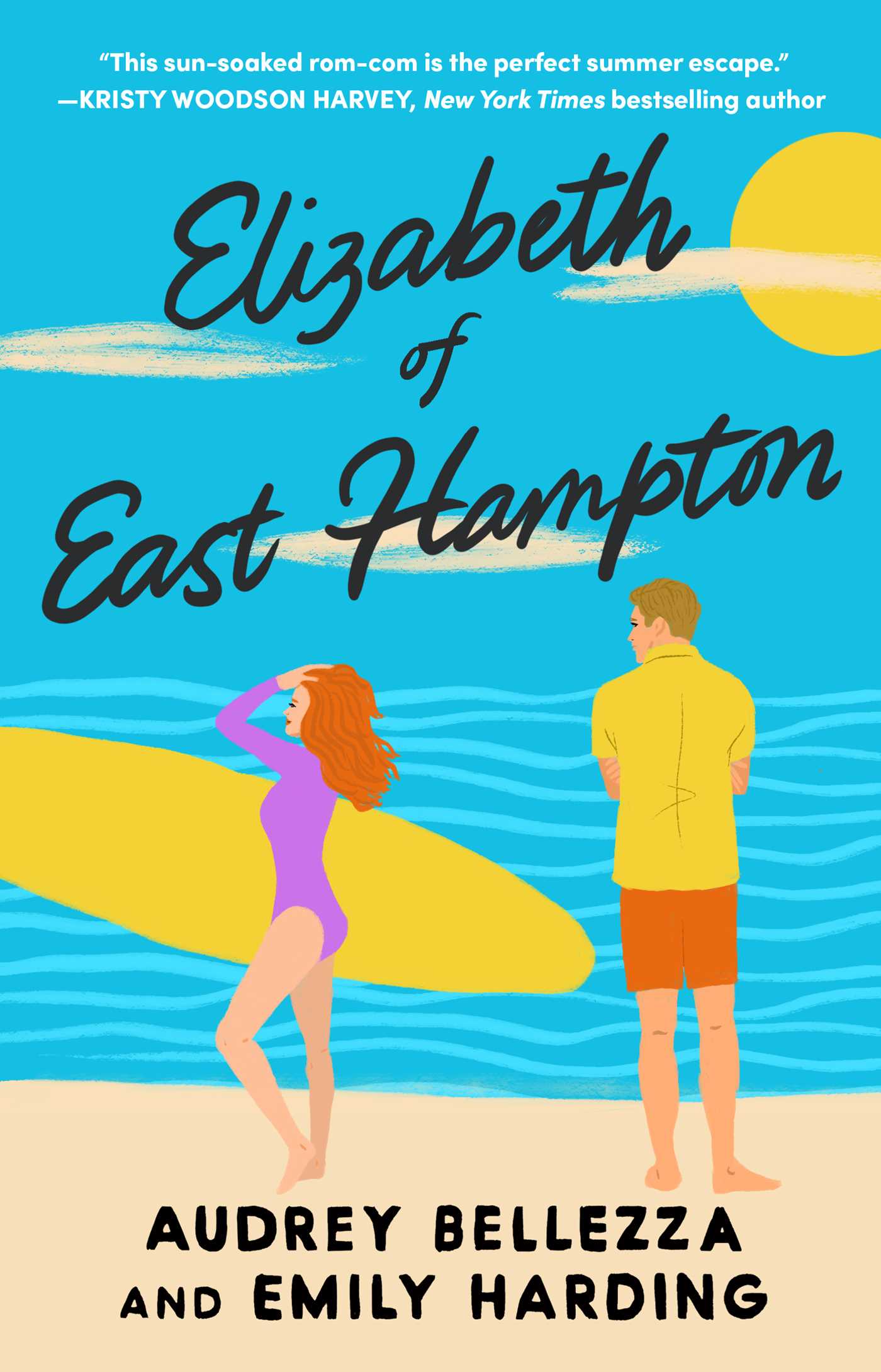 A bright modern illustrated cover shows a woman in a purple long sleeved swim suit walking with a long surfboard, and a guy in shirt and shorts looking her way. The background is sky blue with the suggestions of waves in lighter blue wavy lines.