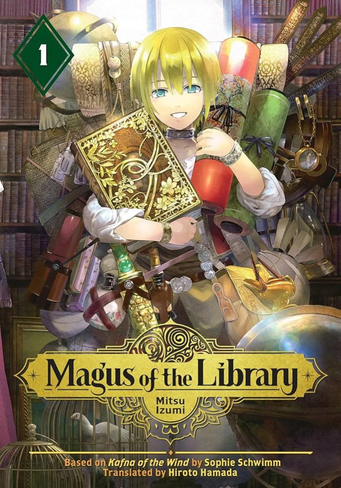 A bright and busy manga cover shows a young person in a wing chair with a library behind, clutching a wide assort of items including a bottle and a book.