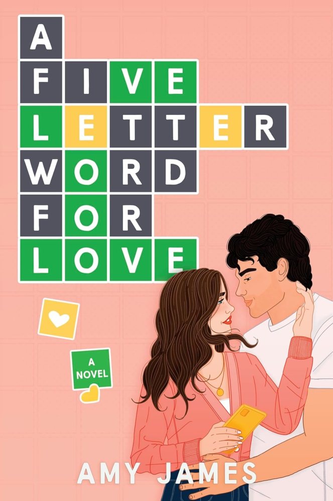 The image depicts the main characters of the book, John and Emily, against the backdrop of a Wordle puzzle spelling out the title. Emily holds her cell phone her hand and has the other hand in John's hair; he is embracing her.
