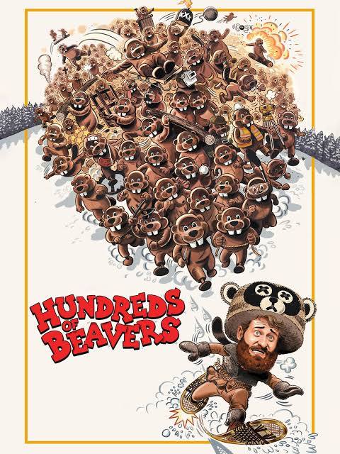 In a style reminiscent of National Lampoon or other madcap movies, the illustration shows a man dressed in a beaver costume fleeing a crowd of beavers. Text appears in red hand-drawn blocky letters.