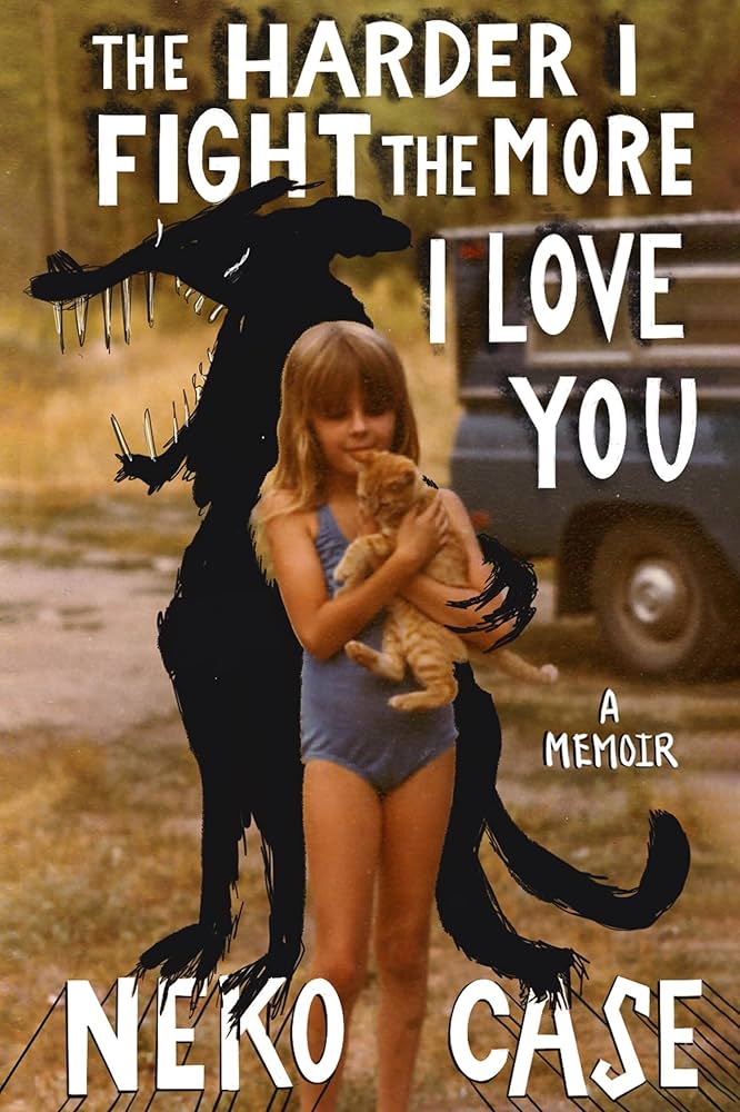 A young girl stands in a run-down yard, wearing a bathing suite and holding an orange kitten. Appearing immediately behind her is a rough sketch of a big black dog with sharp teeth.