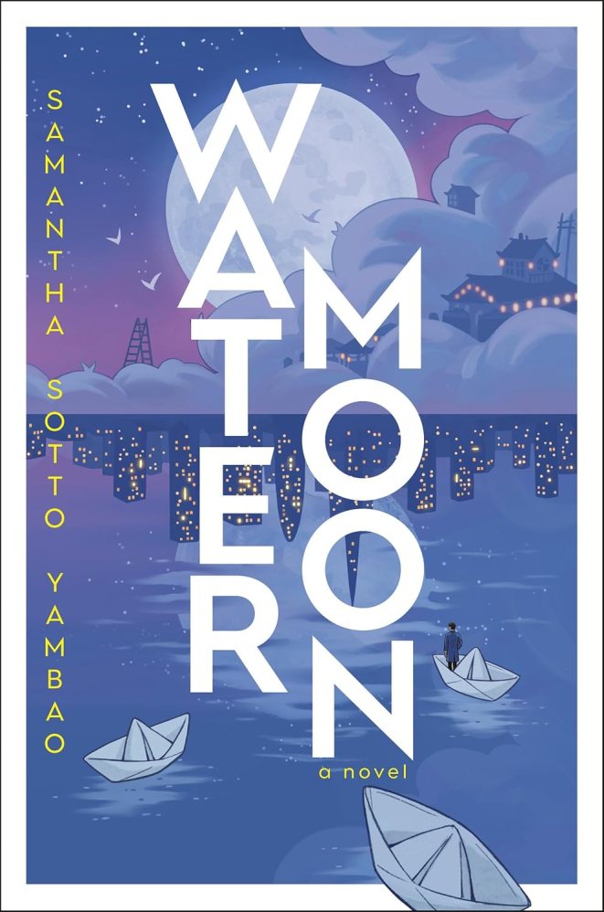 The book cover shows a city skyline reflected in water in the moonlight, with several small boats approaching, one with a passenger facing the shore.