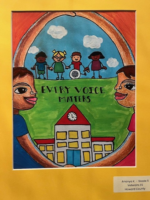 The illustration depicts two young people with their arms extended to make a circle; this circle is a picture window into an outdoor scene that encompasses several children holding hands and a school building, with green grass and white clouds against a blue sky. The children are of a variety of genders and ethnicities and several of them have physical disabilities (crutches, a wheelchair).