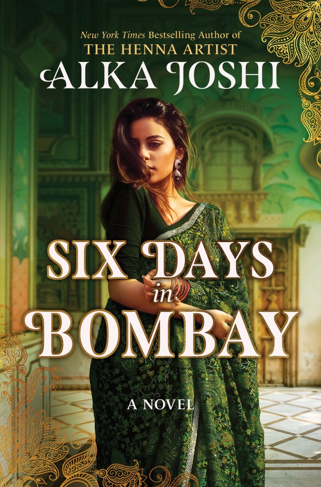 In a green toned cover, a woman with long dark hair stands posed in a green sari with a tiled room behind her.