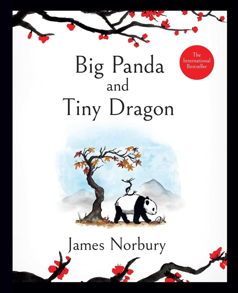 The book cover depicts a Panda walking on all fours beneath a tree with a tiny dragon on its back. The border of the cover is comprised of branches of a cherry tree.