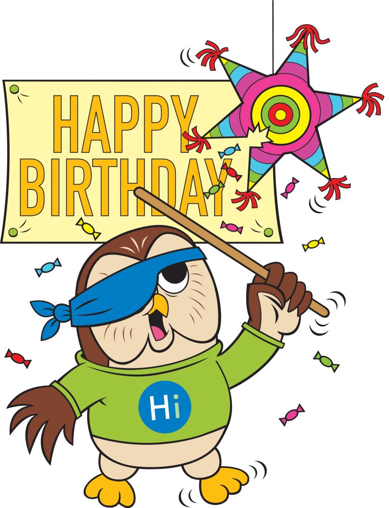 The Libary's mascot, Booker the Owl, is wearing his green shirt and a bandana over one eye as he takes aim at a star-shaped pinata in front of a sign that reads Happy Birthday.