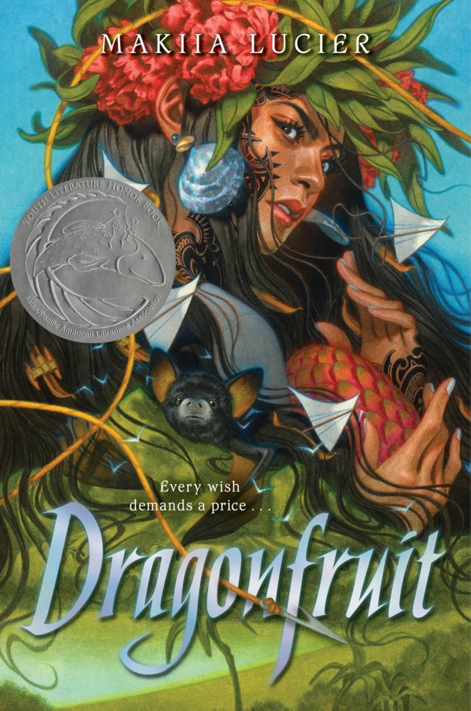 The brightly colorful cover illustration has a single figure of a Pacific Islander young woman with a headband woven of greenery and flowers. long hair, and other creatures worked into the bottom of the image.