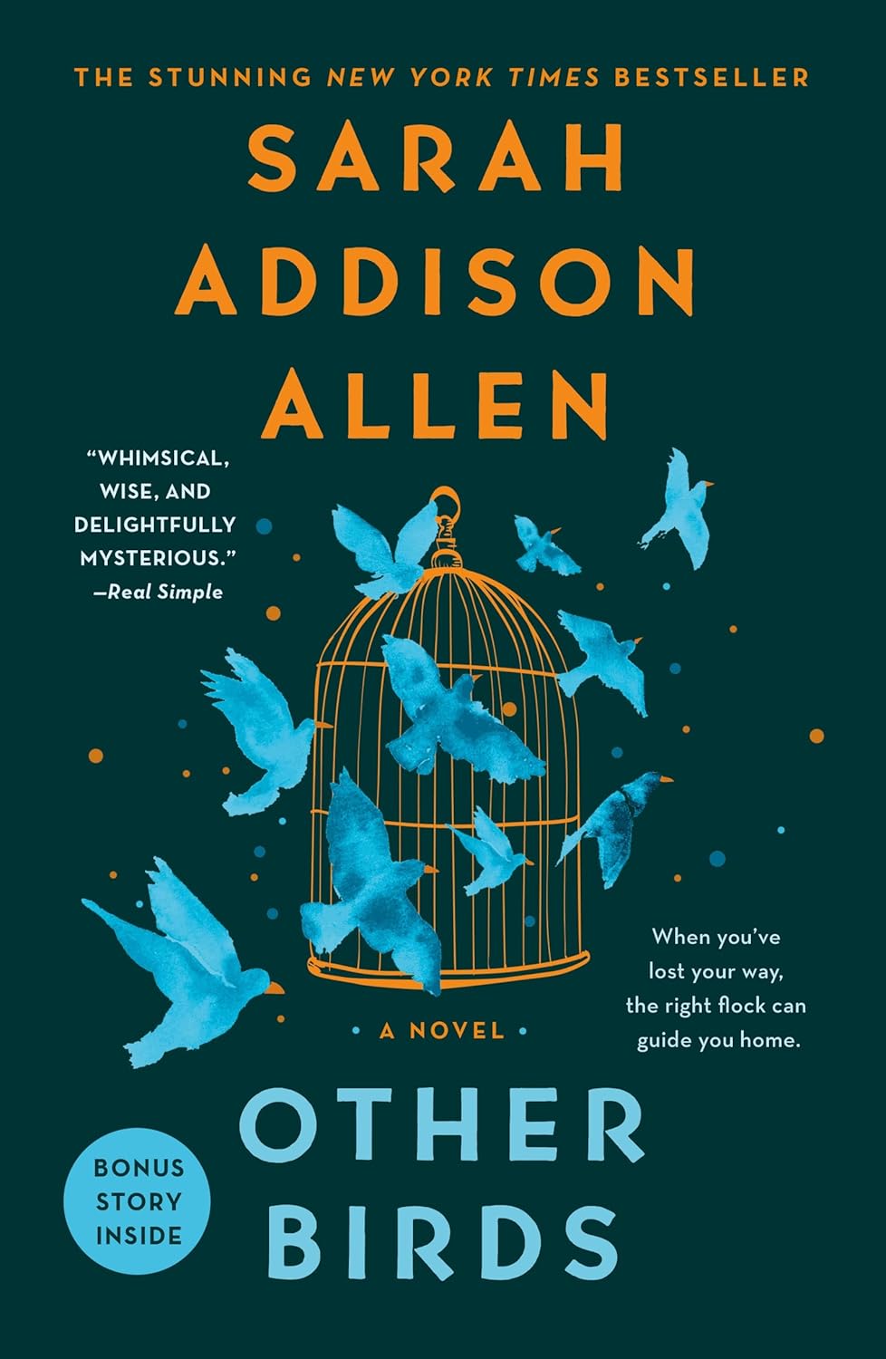 The book cover shows a group of nine blue birds with yellow beaks flying in formation outside of a golden bell-shaped cage.