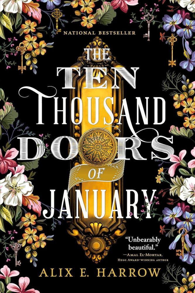 The book cover depicts a door handle surrounded by colorful flowers in pastel shades of blue, yellow, pink, and white. There are also six old-fashioned turnkeys mixes in with the flowers, surrounding the doorknob and its plate.