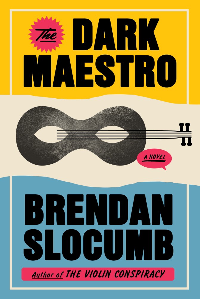 The cover is divided into three stripes: yellow at the top has the title, white in the middle contains the illustration of a violin, and the light blue bottom has the author's name.